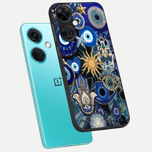  Mystic Blue Evil Eye phone case For Oneplus Nord CE3 showing premium glass back cover with detailed artwork