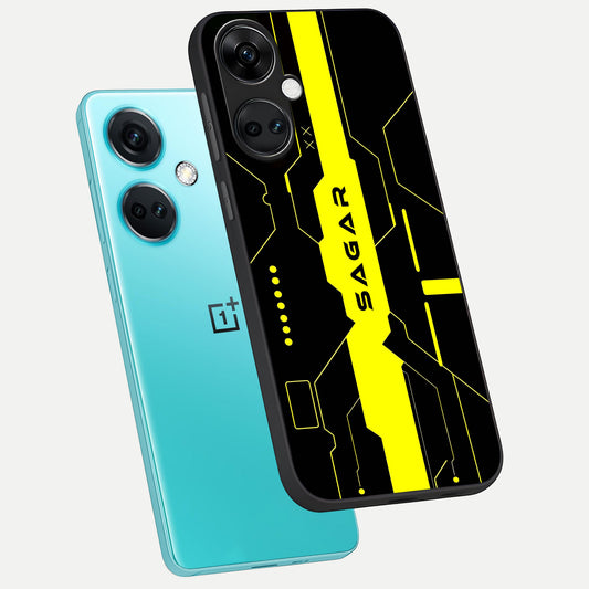  Neon CYBERPUNK Custom Name phone case For Oneplus Nord CE3 showing premium glass back cover with detailed artwork
