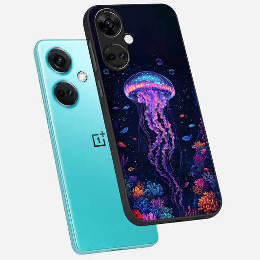  Neon Jellyfish phone case For Oneplus Nord CE3 showing premium glass back cover with detailed artwork