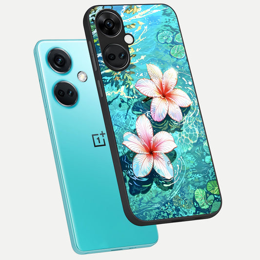  Pink Flowers in Water phone case For Oneplus Nord CE3 showing premium glass back cover with detailed artwork