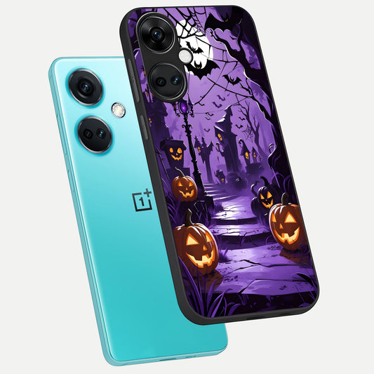 Pumpkin Patch Halloween phone case For Oneplus Nord CE3 showing premium glass back cover with detailed artwork