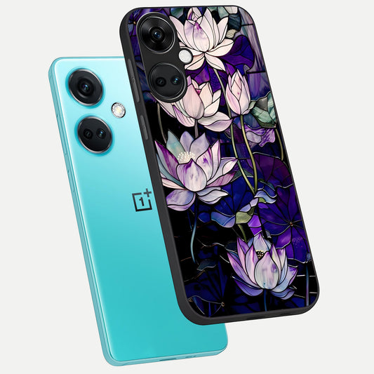  Purple Lotus Pattern phone case For Oneplus Nord CE3 showing premium glass back cover with detailed artwork