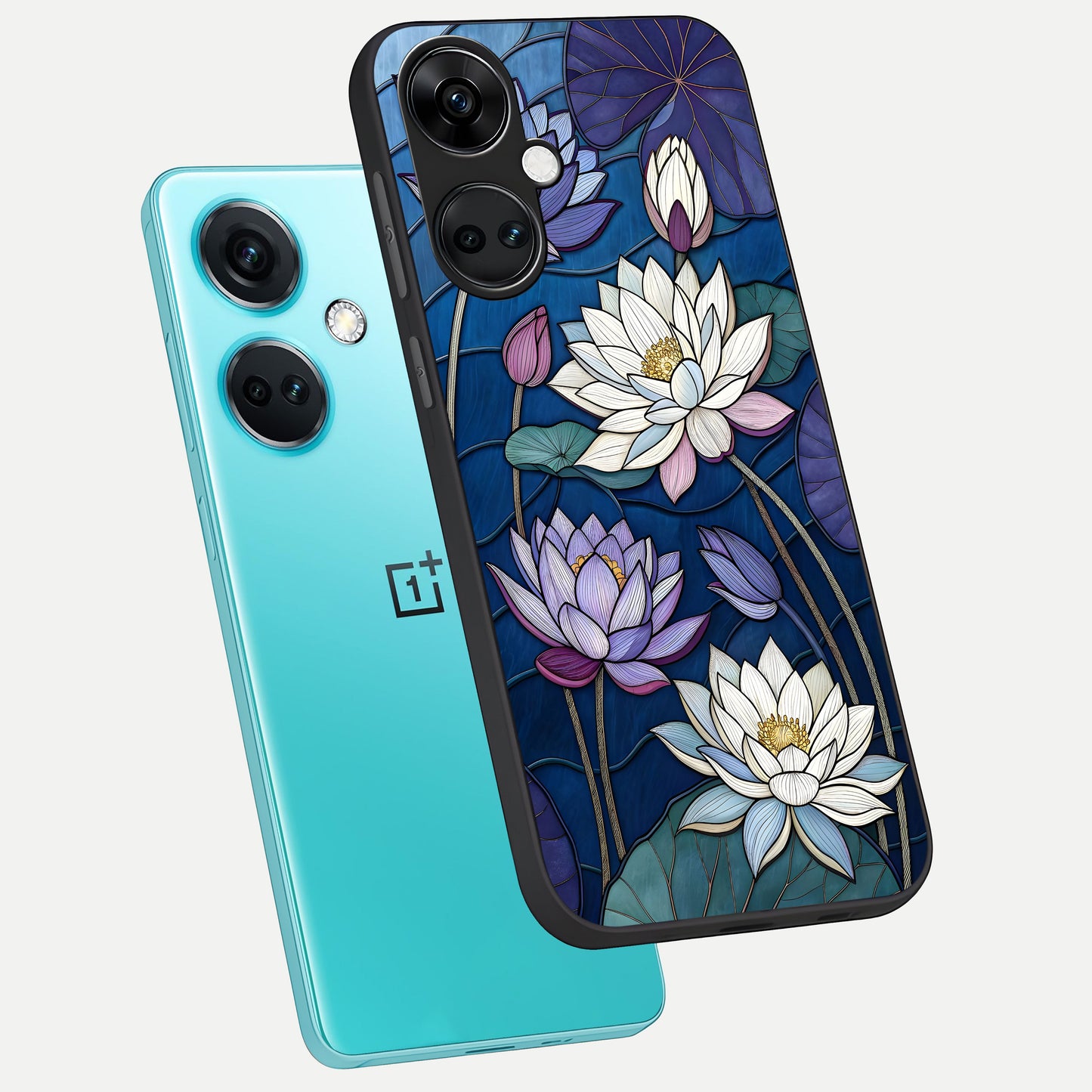  Purple Lotus Stained phone case For Oneplus Nord CE3 showing premium glass back cover with detailed artwork