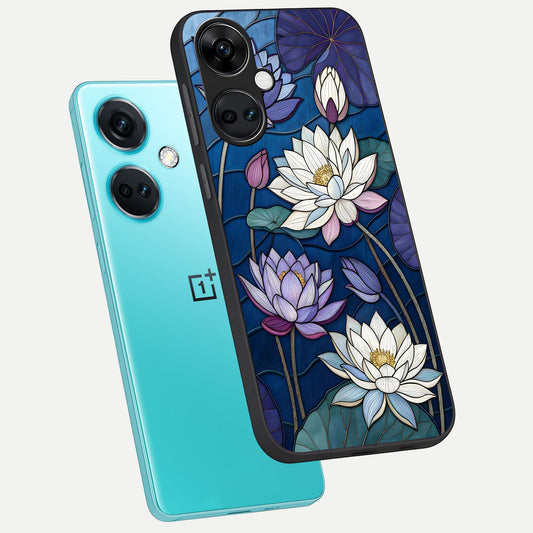  Purple Lotus Stained phone case For Oneplus Nord CE3 showing premium glass back cover with detailed artwork