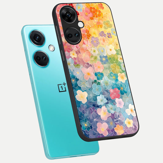  Rainbow Blossom Burst phone case For Oneplus Nord CE3 showing premium glass back cover with detailed artwork
