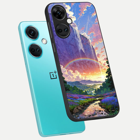  Rainbow Valley Dream phone case For Oneplus Nord CE3 showing premium glass back cover with detailed artwork