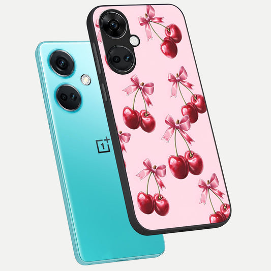  Red Cherries Pattern phone case For Oneplus Nord CE3 showing premium glass back cover with detailed artwork