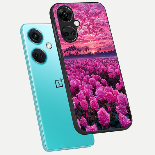  Rose Sunset Valley phone case For Oneplus Nord CE3 showing premium glass back cover with detailed artwork