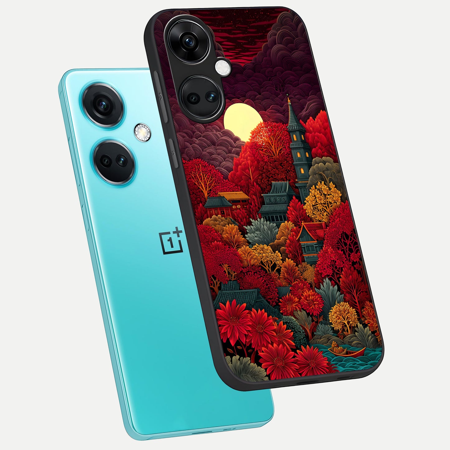  Scarlet Autumn Temple phone case For Oneplus Nord CE3 showing premium glass back cover with detailed artwork