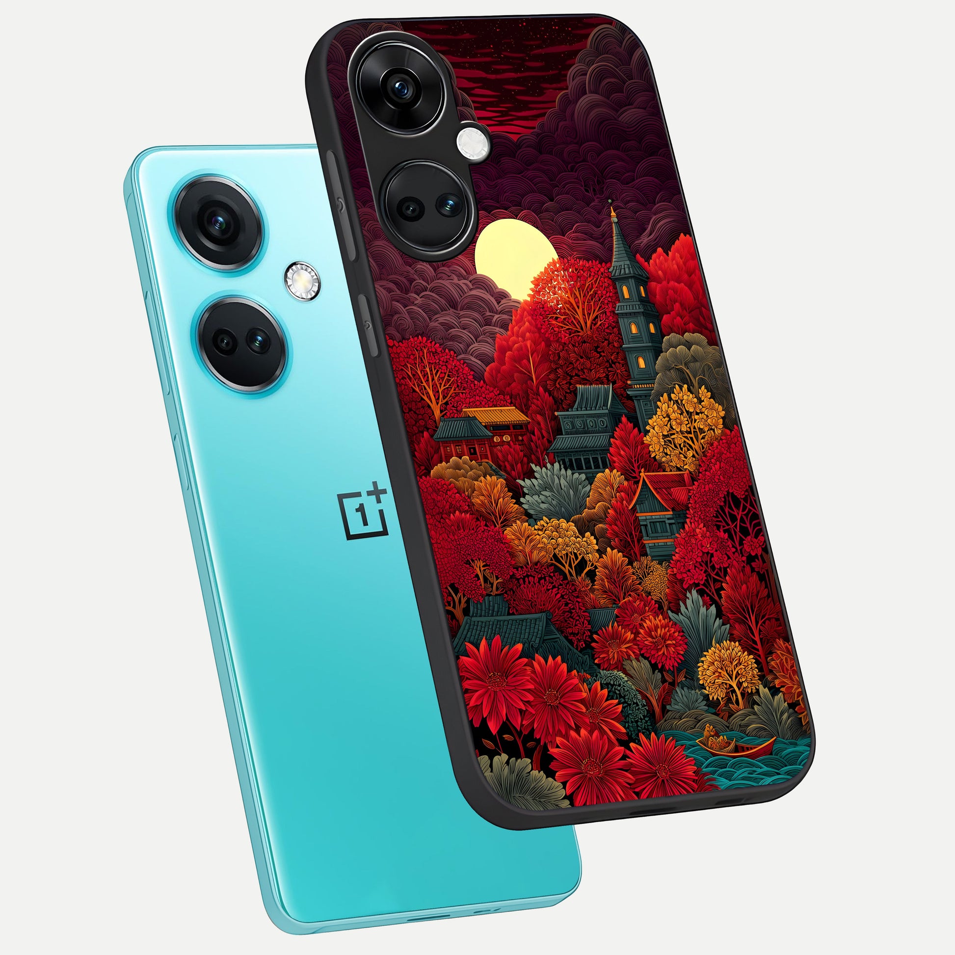  Scarlet Autumn Temple phone case For Oneplus Nord CE3 showing premium glass back cover with detailed artwork