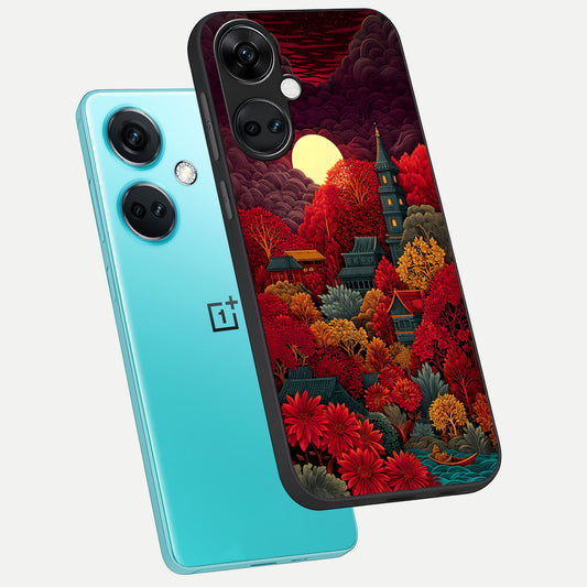  Scarlet Autumn Temple phone case For Oneplus Nord CE3 showing premium glass back cover with detailed artwork