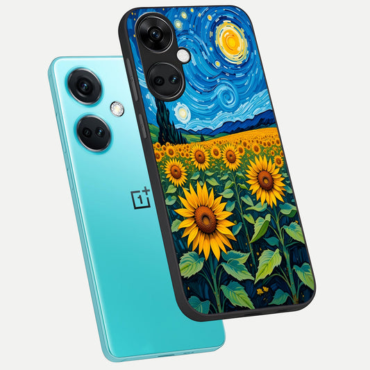  Starry Sunflower Dreams phone case For Oneplus Nord CE3 showing premium glass back cover with detailed artwork