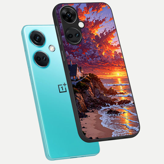  Sunset House By Sea phone case For Oneplus Nord CE3 showing premium glass back cover with detailed artwork