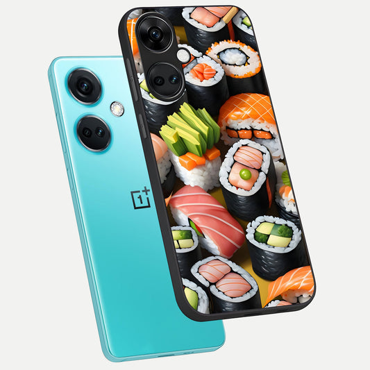  Sushi Food Pattern phone case For Oneplus Nord CE3 showing premium glass back cover with detailed artwork