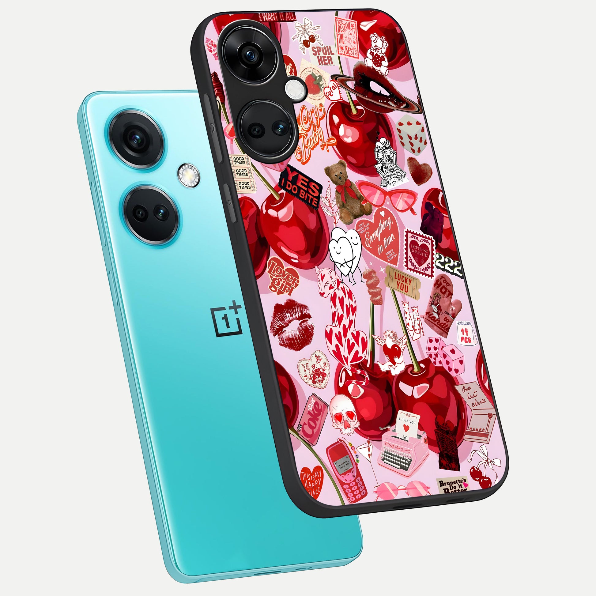  Sweet Cherry Chaos phone case For Oneplus Nord CE3 showing premium glass back cover with detailed artwork