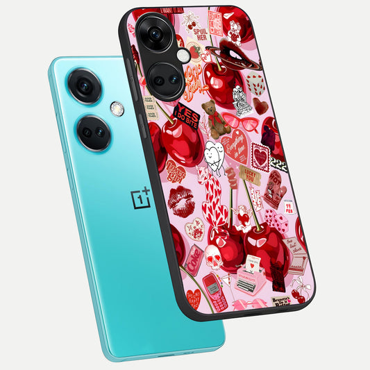  Sweet Cherry Chaos phone case For Oneplus Nord CE3 showing premium glass back cover with detailed artwork