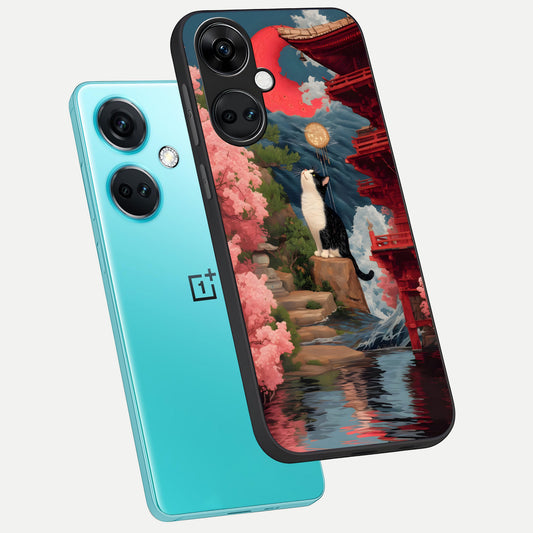  Temple Cat Scenery phone case For Oneplus Nord CE3 showing premium glass back cover with detailed artwork