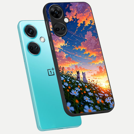  Two Cats Friends phone case For Oneplus Nord CE3 showing premium glass back cover with detailed artwork