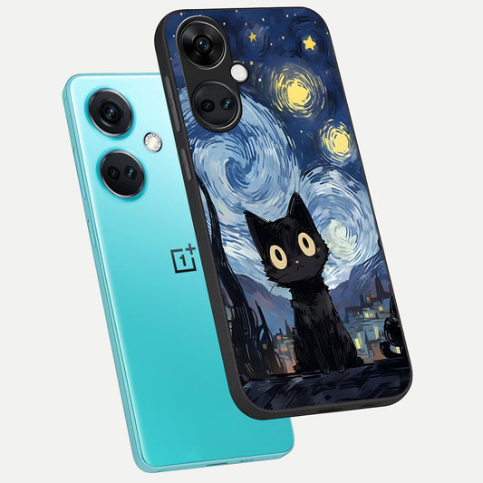  Van Gogh Cat phone case For Oneplus Nord CE3 showing premium glass back cover with detailed artwork