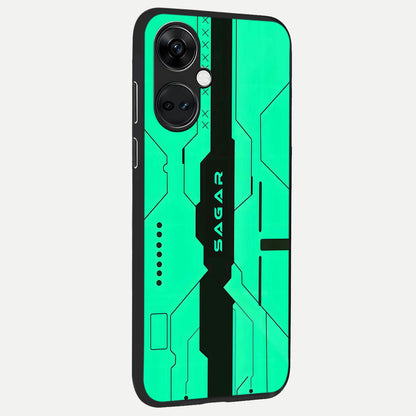  Aqua Tech CYBERPUNK Custom Name back cover For Oneplus Nord CE3 slim fit glass case with vibrant aesthetic design