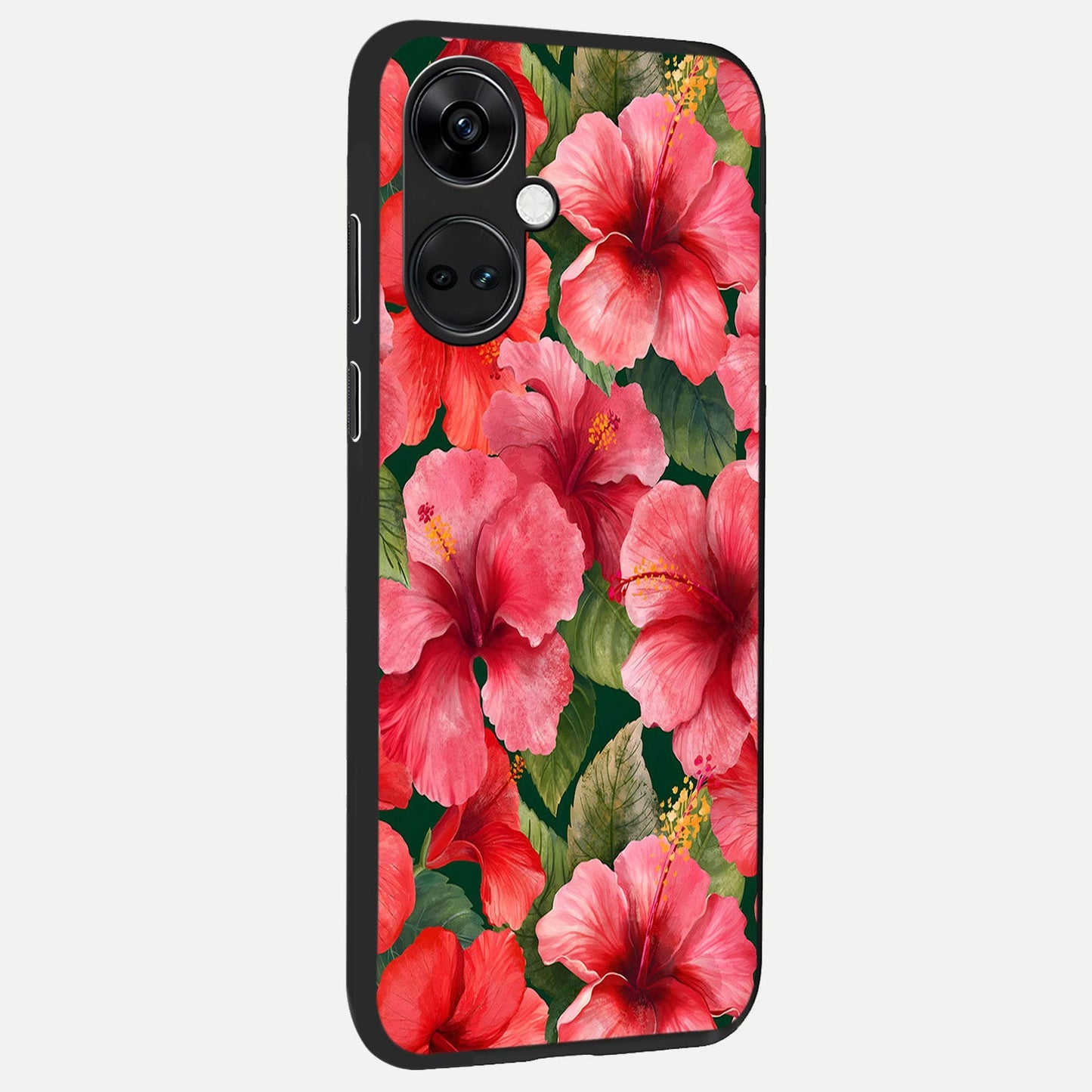  Hibiscus Pattern back cover For Oneplus Nord CE3 slim fit glass case with vibrant aesthetic design