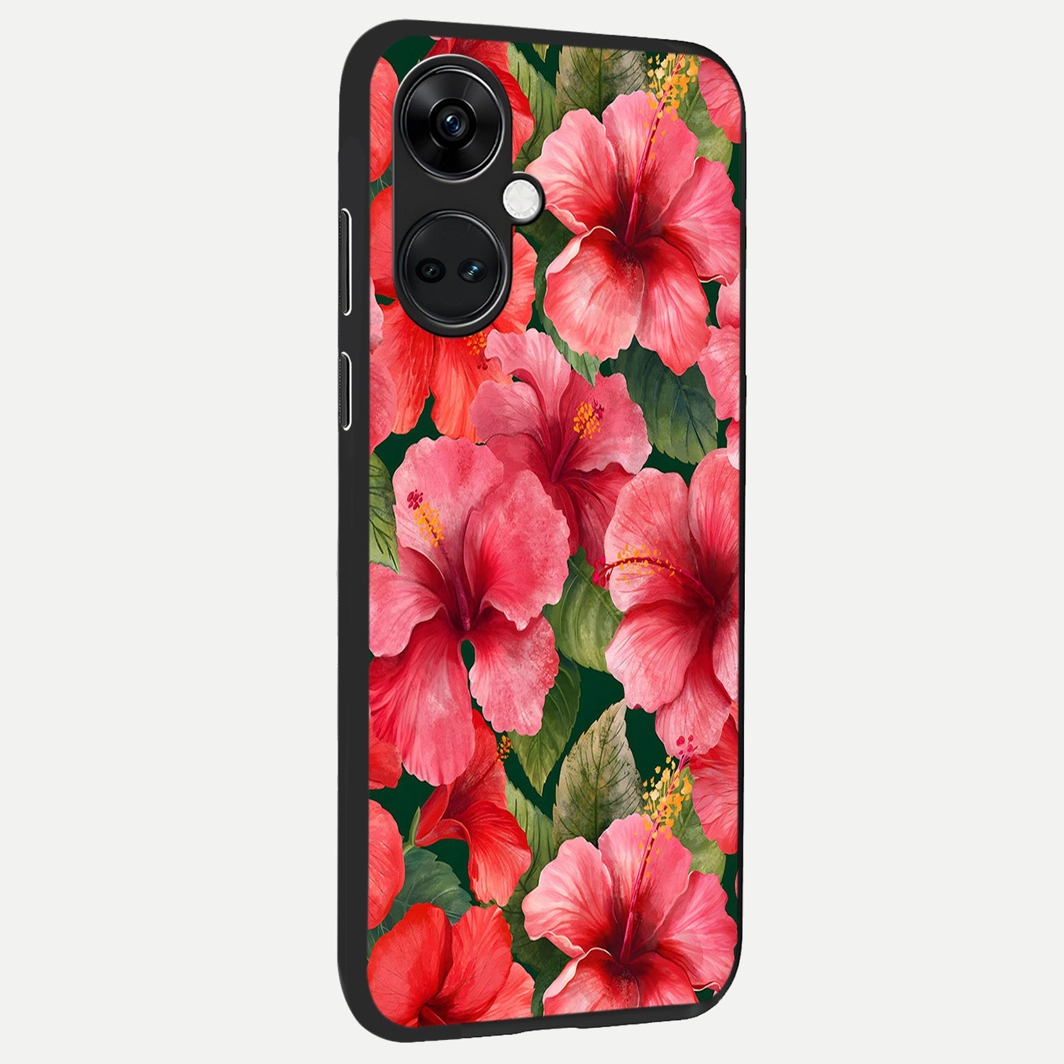 Hibiscus Pattern back cover For Oneplus Nord CE3 slim fit glass case with vibrant aesthetic design
