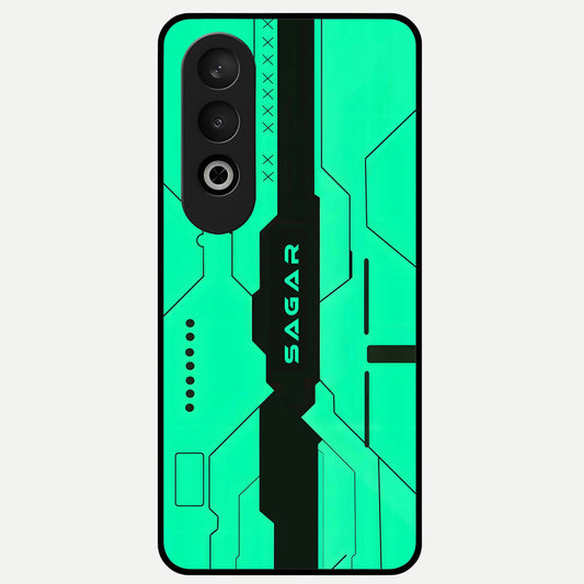  Aqua Tech CYBERPUNK Custom Name Glass Case For Oneplus Nord CE4 back cover – full design glossy printed glass finish