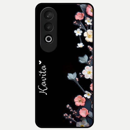  Black Elegance Floral Custom Name Glass Case For Oneplus Nord CE4 back cover – full design glossy printed glass finish