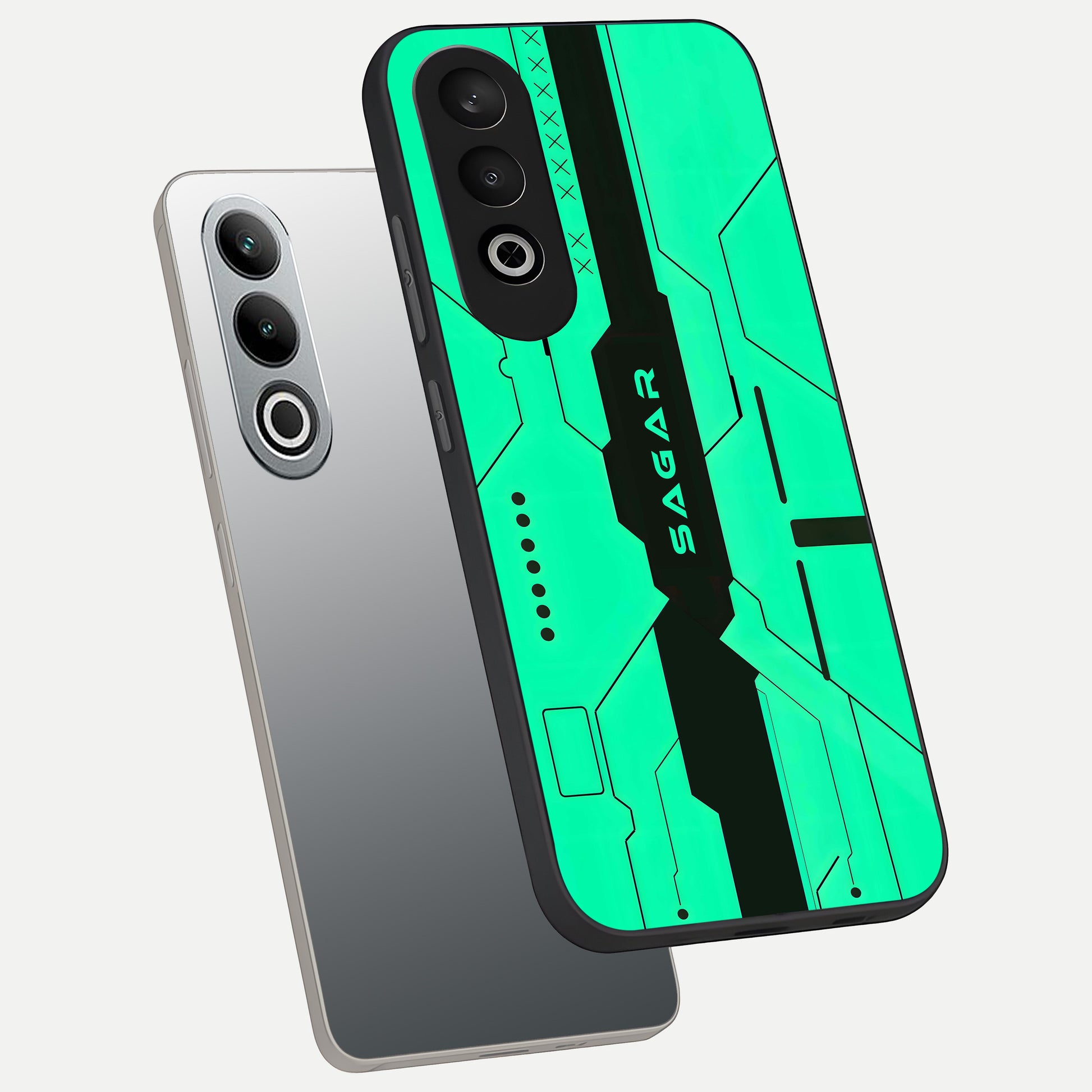  Aqua Tech CYBERPUNK Custom Name phone case For Oneplus Nord CE4 showing premium glass back cover with detailed artwork