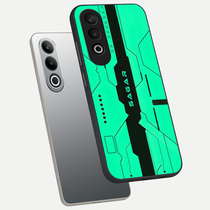  Aqua Tech CYBERPUNK Custom Name phone case For Oneplus Nord CE4 showing premium glass back cover with detailed artwork
