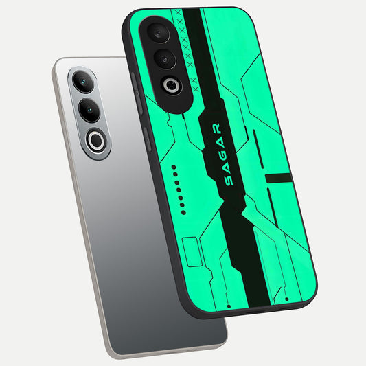  Aqua Tech CYBERPUNK Custom Name phone case For Oneplus Nord CE4 showing premium glass back cover with detailed artwork