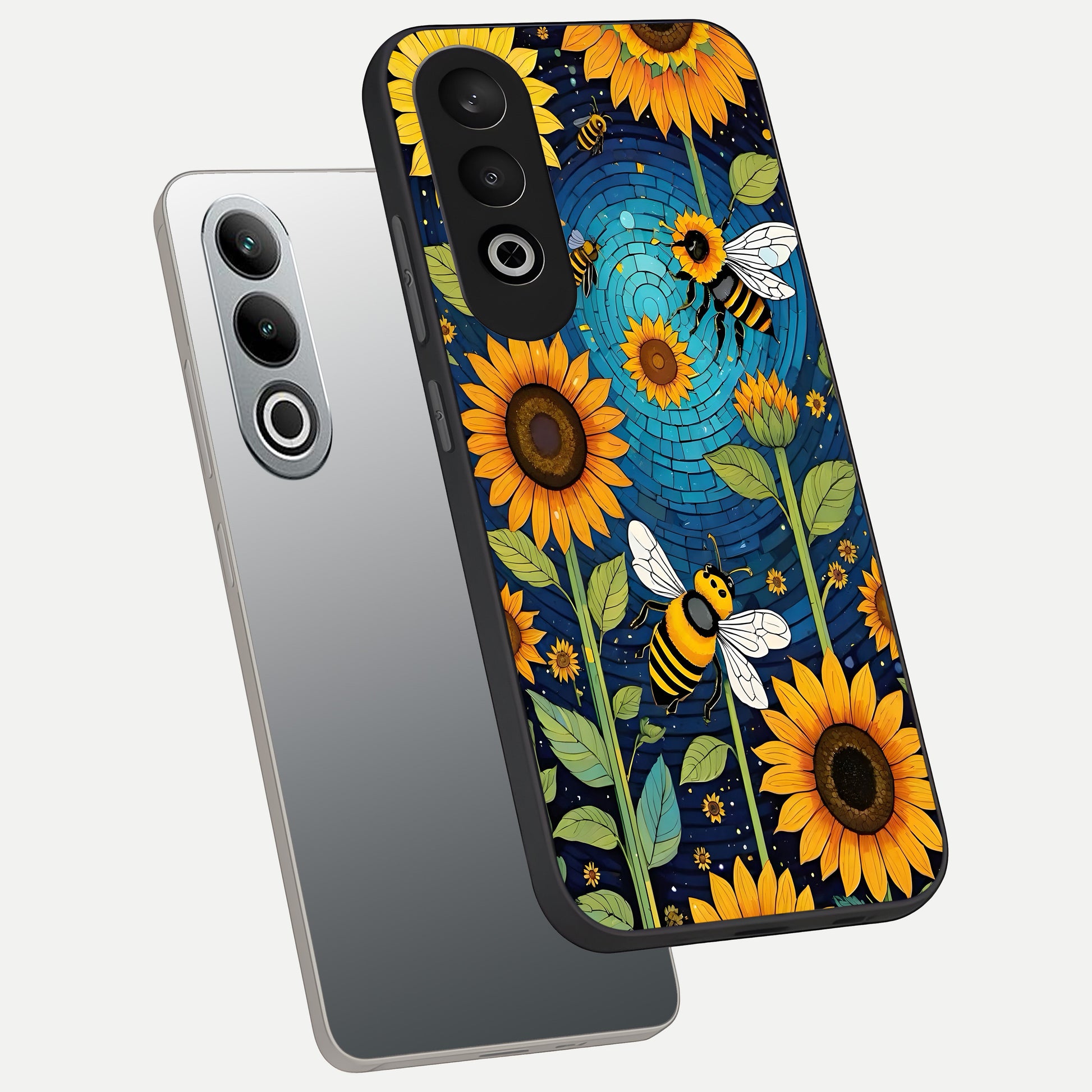  Bees And Sunflowers phone case For Oneplus Nord CE4 showing premium glass back cover with detailed artwork