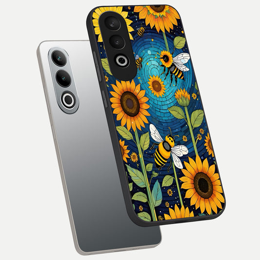  Bees And Sunflowers phone case For Oneplus Nord CE4 showing premium glass back cover with detailed artwork