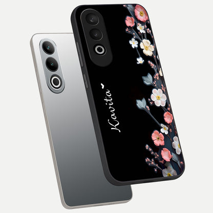  Black Elegance Floral Custom Name phone case For Oneplus Nord CE4 showing premium glass back cover with detailed artwork