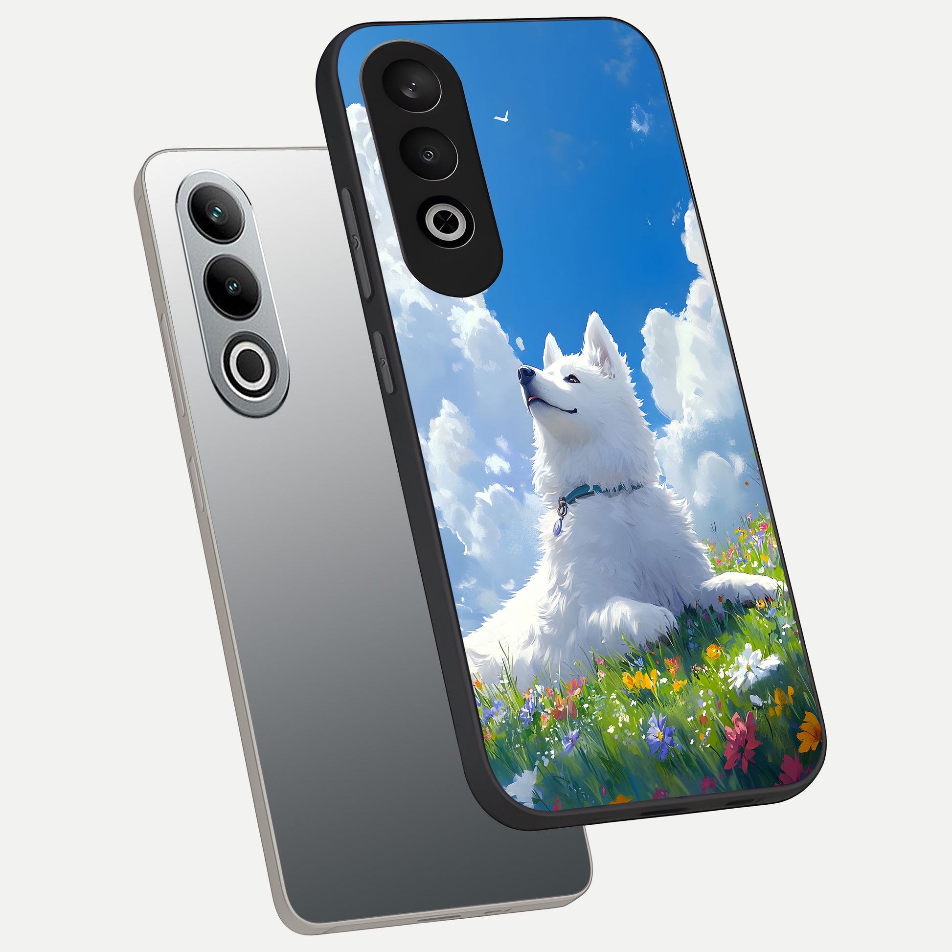  Blissful Cloud Pup phone case For Oneplus Nord CE4 showing premium glass back cover with detailed artwork