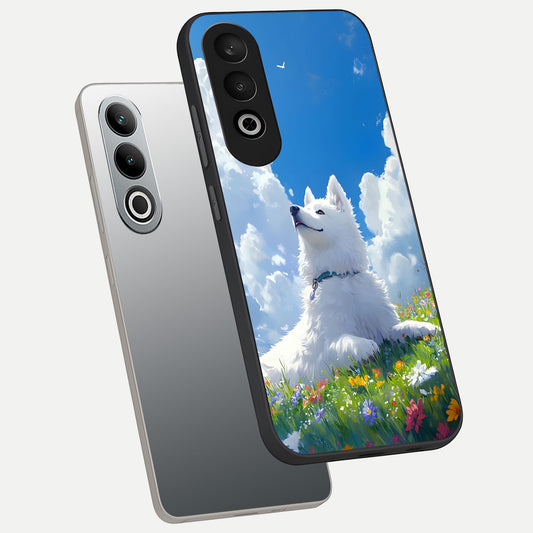  Blissful Cloud Pup phone case For Oneplus Nord CE4 showing premium glass back cover with detailed artwork