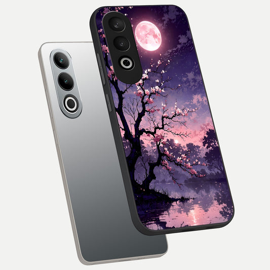 Blossom Pink Moon phone case For Oneplus Nord CE4 showing premium glass back cover with detailed artwork