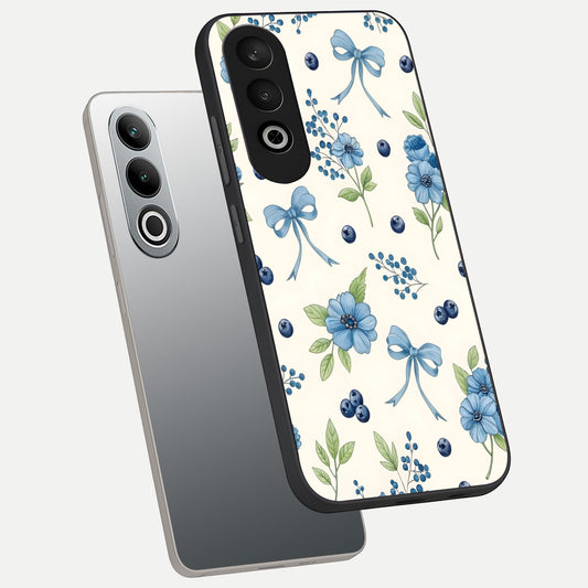  Blue Flower And Bow phone case For Oneplus Nord CE4 showing premium glass back cover with detailed artwork