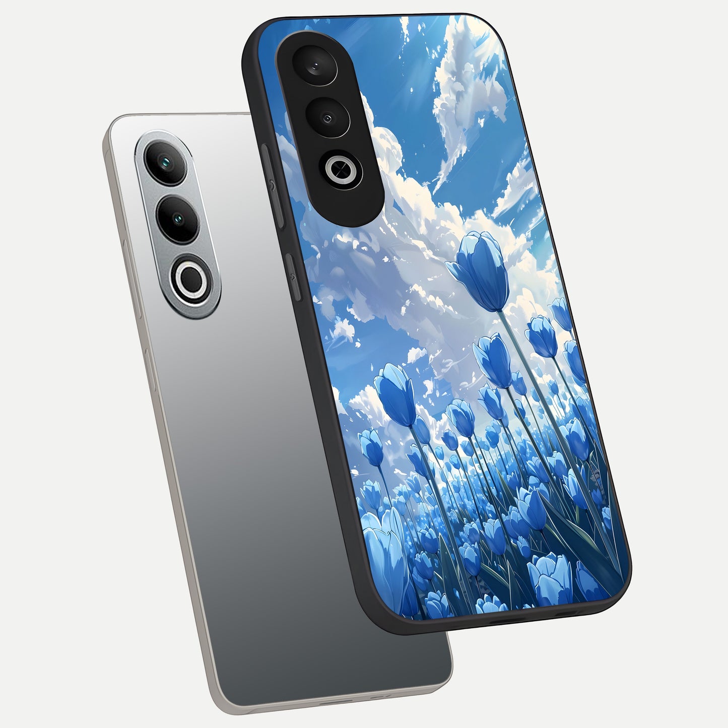  Blue Tulip Clouds phone case For Oneplus Nord CE4 showing premium glass back cover with detailed artwork