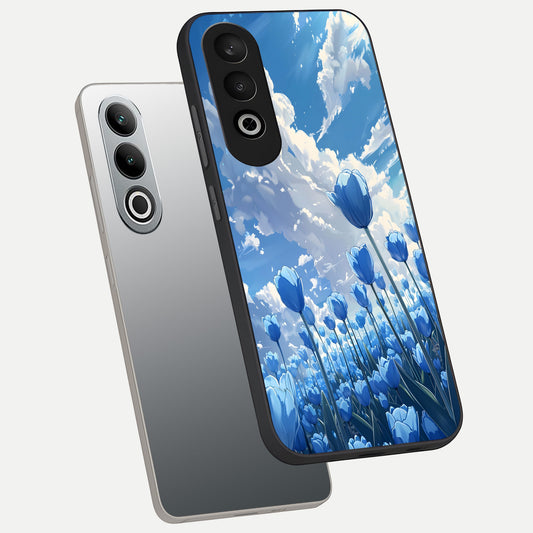 Blue Tulip Clouds phone case For Oneplus Nord CE4 showing premium glass back cover with detailed artwork