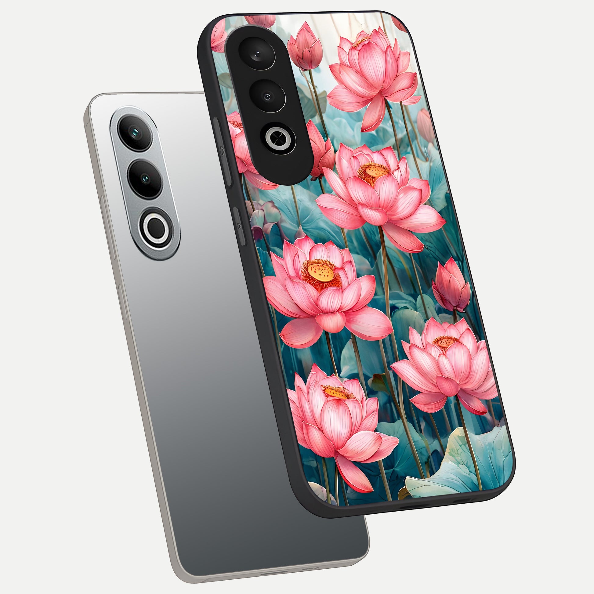  Celestial Pink Lotus phone case For Oneplus Nord CE4 showing premium glass back cover with detailed artwork