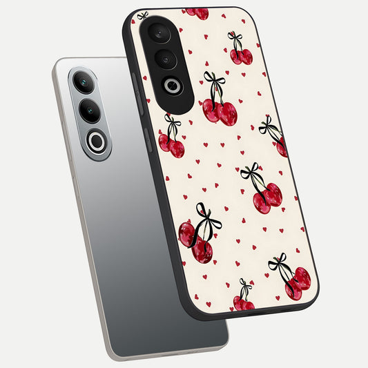  Cherry Heart Bow phone case For Oneplus Nord CE4 showing premium glass back cover with detailed artwork