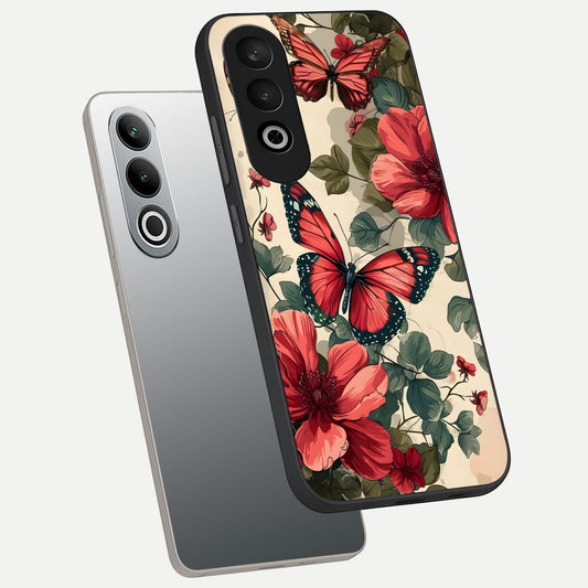  Crimson Butterfly Garden phone case For Oneplus Nord CE4 showing premium glass back cover with detailed artwork