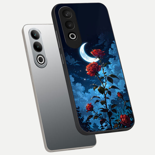  Crimson Rose Moon phone case For Oneplus Nord CE4 showing premium glass back cover with detailed artwork