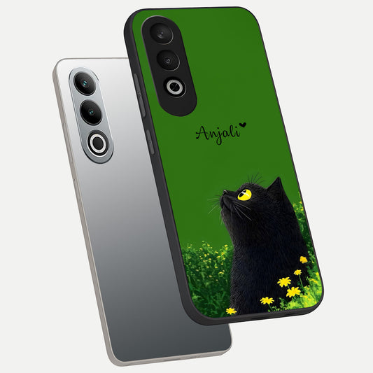  Emerald Cat Custom Name phone case For Oneplus Nord CE4 showing premium glass back cover with detailed artwork