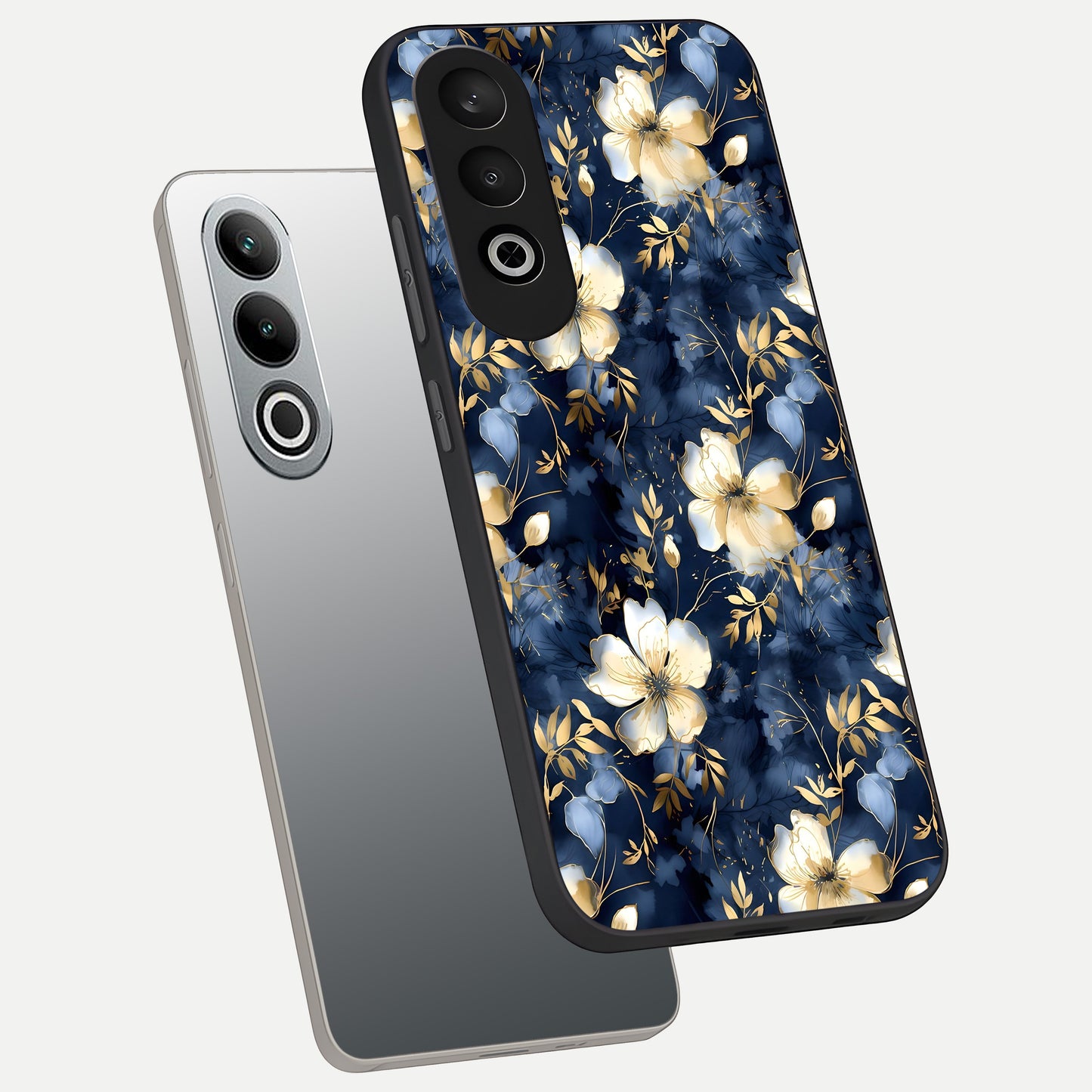  Golden Midnight Bloom phone case For Oneplus Nord CE4 showing premium glass back cover with detailed artwork
