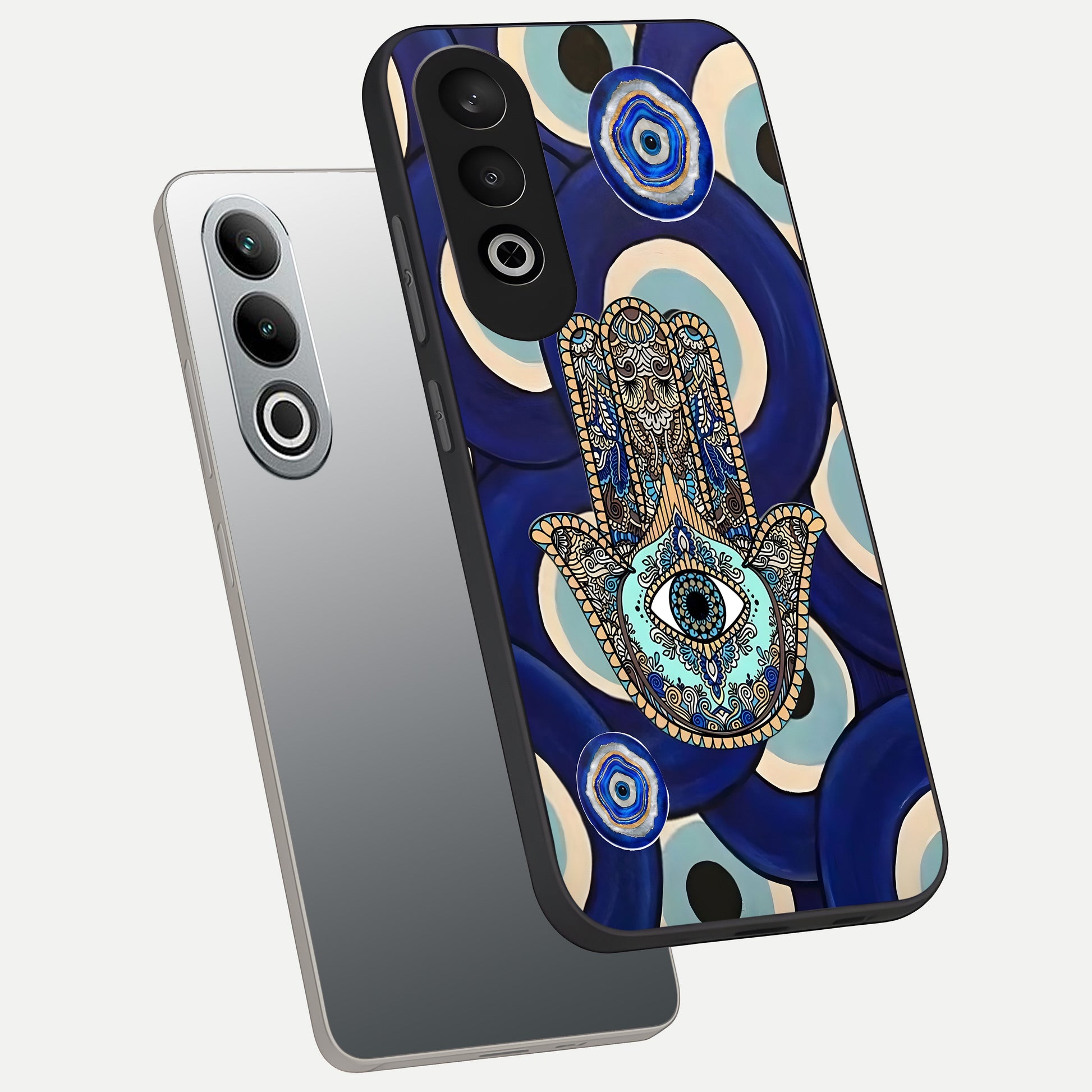  Hamsa Divine Guard phone case For Oneplus Nord CE4 showing premium glass back cover with detailed artwork