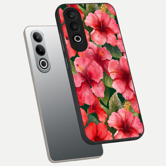  Hibiscus Pattern phone case For Oneplus Nord CE4 showing premium glass back cover with detailed artwork