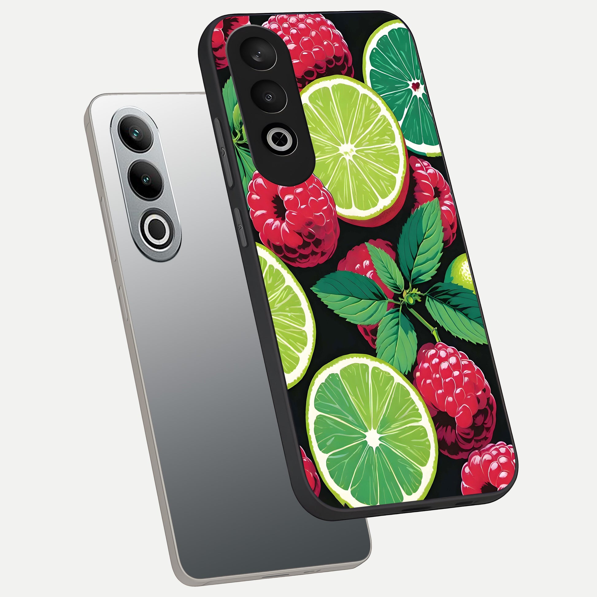  Lime and Raspberry Pattern phone case For Oneplus Nord CE4 showing premium glass back cover with detailed artwork