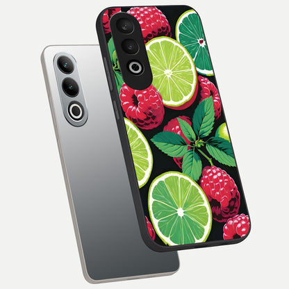  Lime and Raspberry Pattern phone case For Oneplus Nord CE4 showing premium glass back cover with detailed artwork